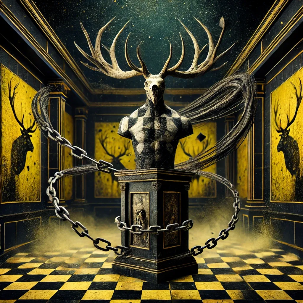 DALL·E 2024-11-28 09.03.02 - A surreal and symbolic artistic composition set in a dark, checkered room with yellow and black tones. The central figure is a human-like torso with a.webp